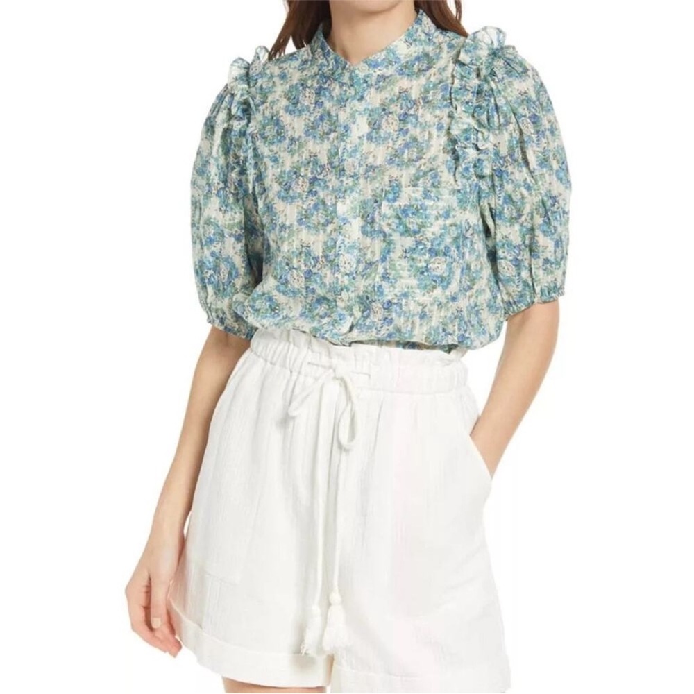 FRNCH Olga Floral Print Cotton Ruffle Top Blue Green Boho Cottagecore Small